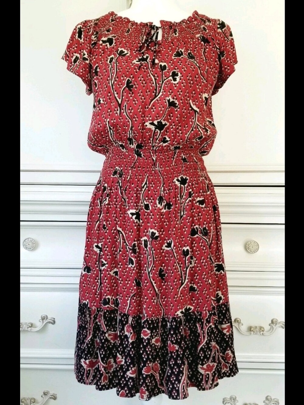 Fat Face Rust Black Floral Short Sleeve Smocked Waist Tiered Pullover Dress US 6